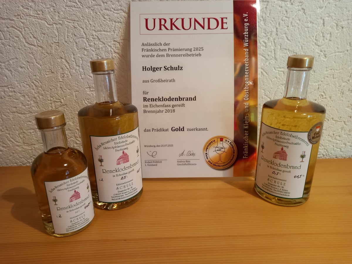 Reneklodenbrand mit der Gold-Urkunde von 2025
